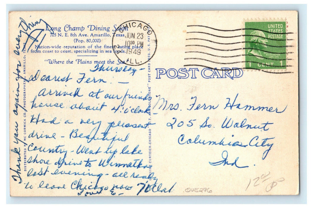1949 Long Champ Dining Salon East of City Amarillo Texas TX Posted Postcard