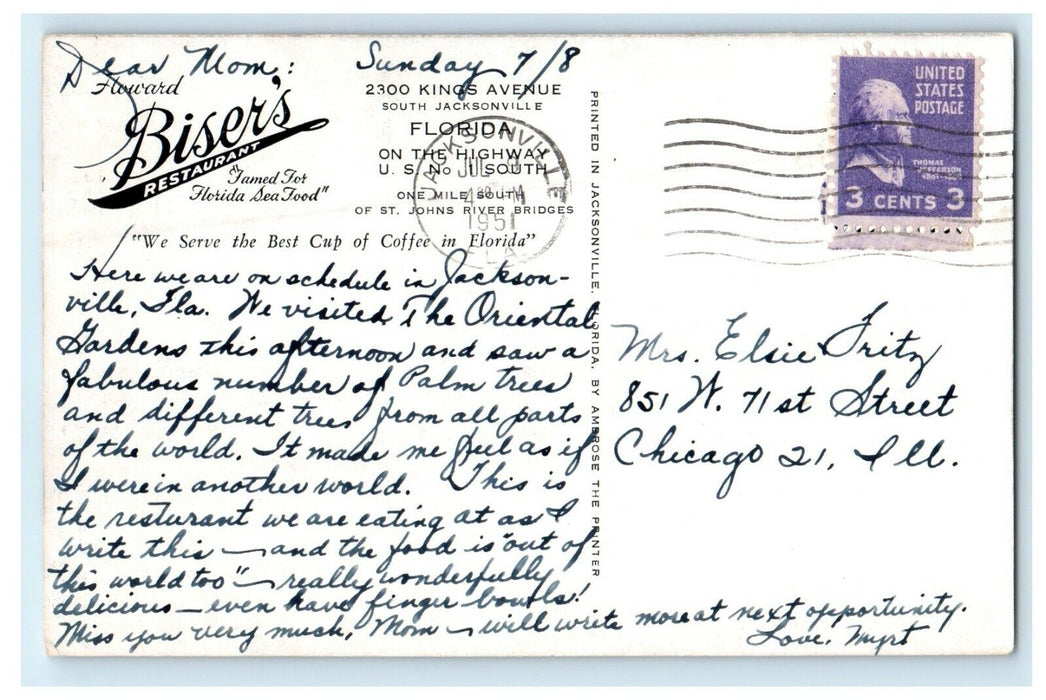 1951 Howard Biser's Restaurant Famed Florida Seafood Jacksonville FL Postcard