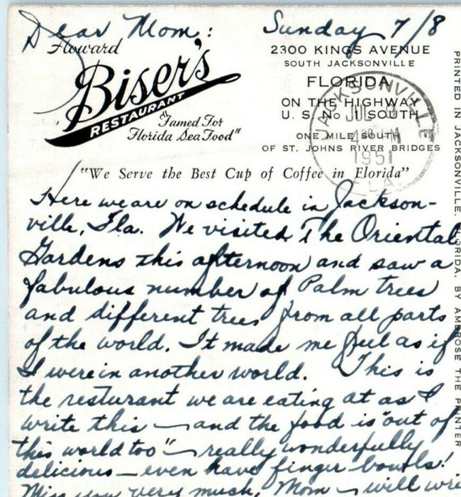 1951 Howard Biser's Restaurant Famed Florida Seafood Jacksonville FL Postcard
