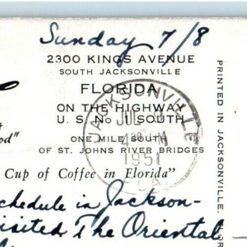 1951 Howard Biser's Restaurant Famed Florida Seafood Jacksonville FL Postcard