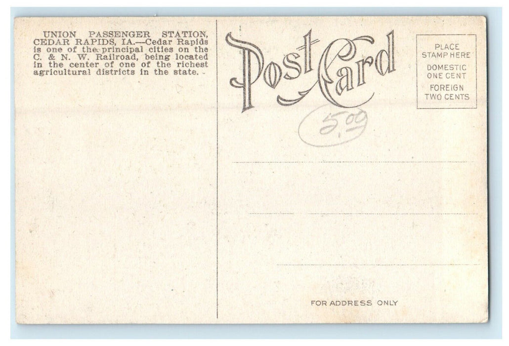 c1910's View Of Union Passenger Station Cedar Rapids Iowa IA Antique Postcard