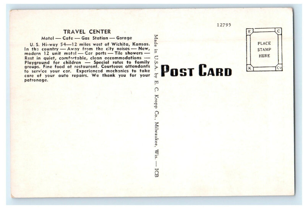 c1940's Travel Center Motel Cafe Gas Station Garage Wichita Kansas KS Postcard