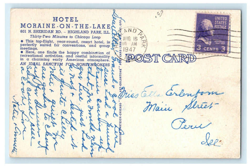 1947 Sky View Hotel Moraine N Sheridan Road Highland Park Illinois IL Postcard