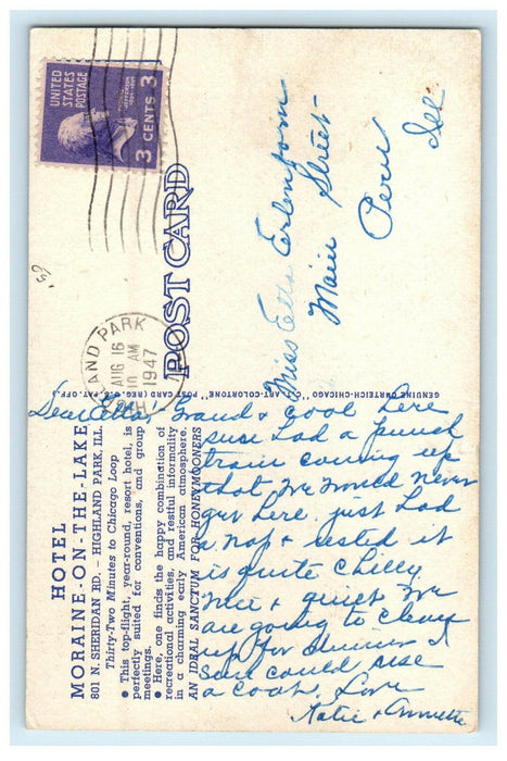 1947 Sky View Hotel Moraine N Sheridan Road Highland Park Illinois IL Postcard