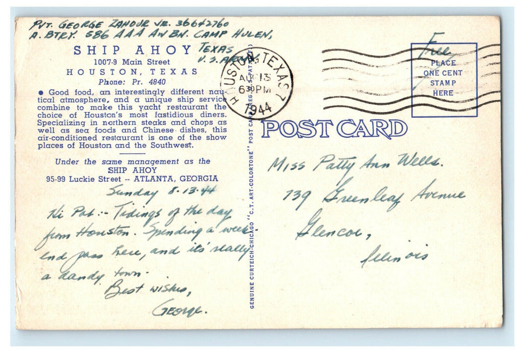 1944 The Ship Ahoy Houston Exclusive Restaurant APO Soldier Mail TX Postcard
