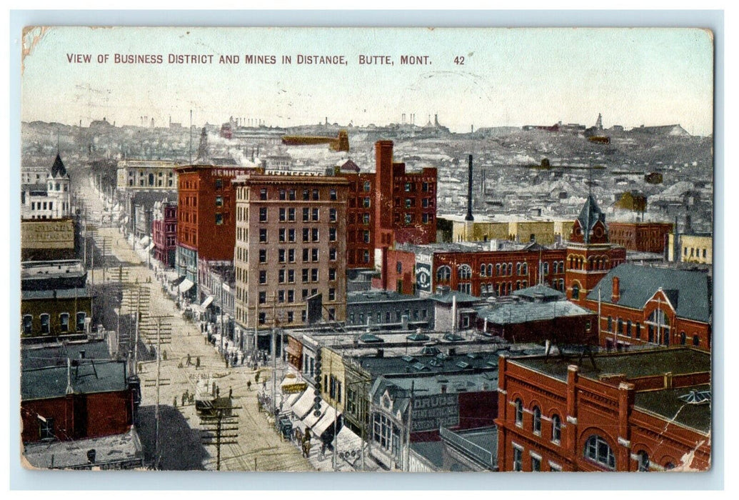 1909 View Of Business District And Mines In Distance Butte Montana MT Postcard