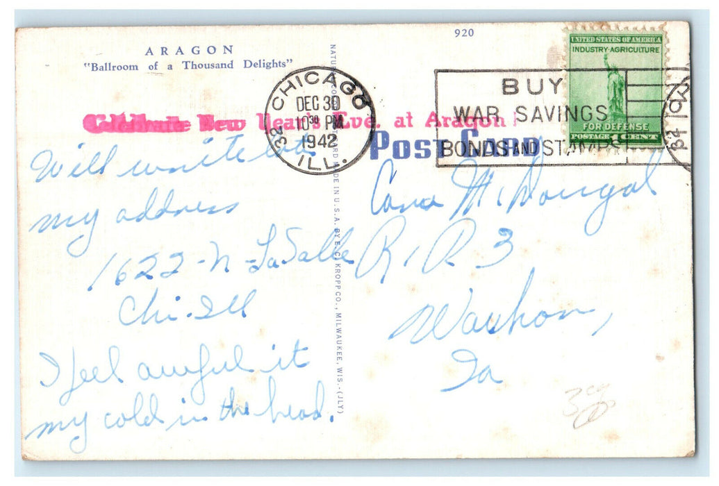1942 Aragon Ballroom, Chicago Illinois IL New Year's Advertising Cancel Postcard