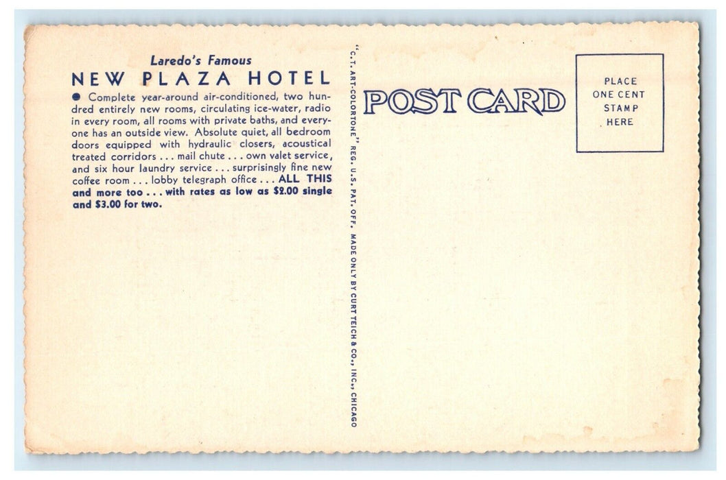c1940's Laredo's Famous New Plaza Hotel Building Street View Texas TX Postcard