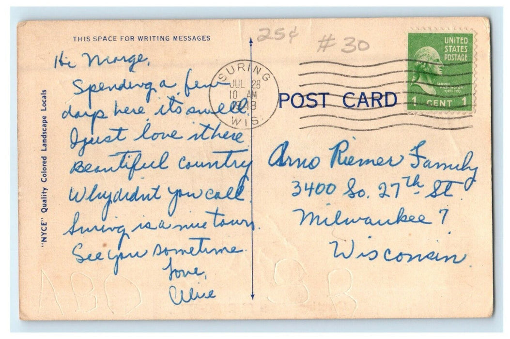 1948 Greetings From Suring Wisconsin WI Vintage Postcard