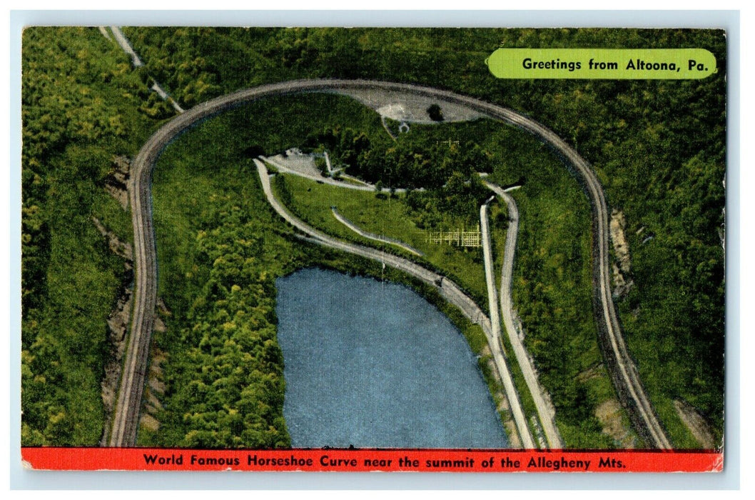 1955 Greetings From Altoona PA, World Famous Horseshoe Curve Aerial Postcard