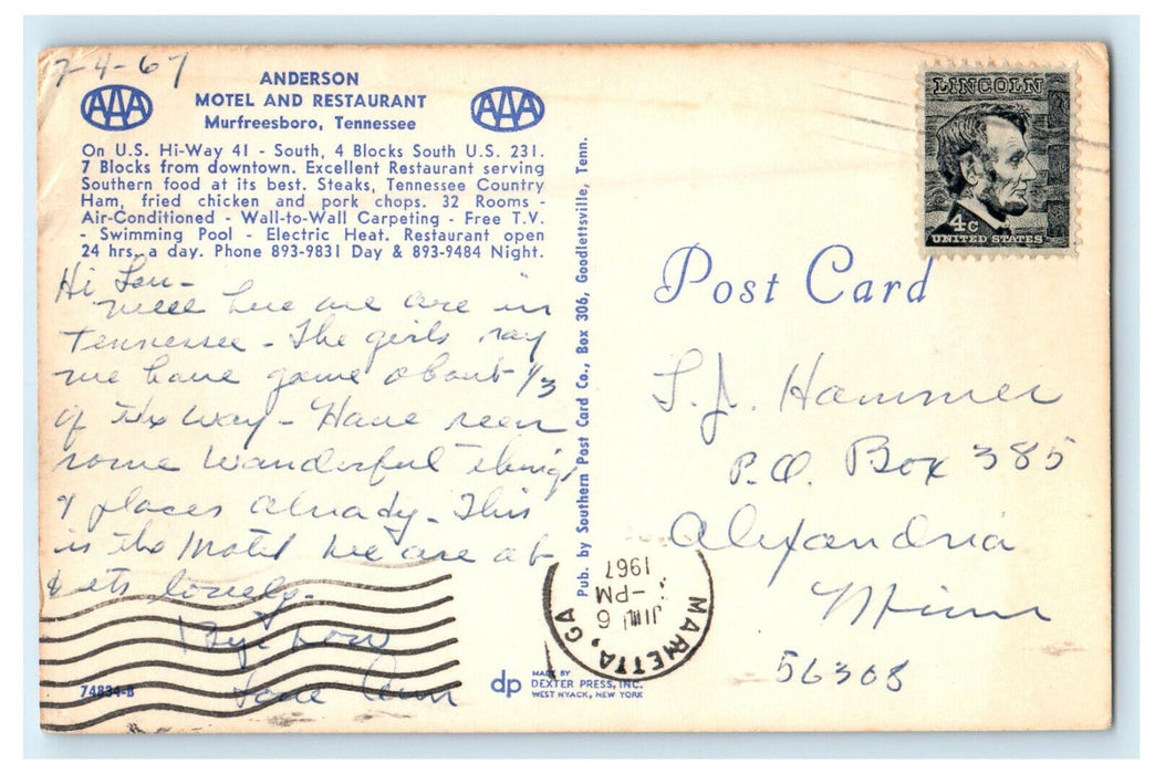 1967 Anderson Restaurant and Motel, Murfreesboro, Tennessee Posted Postcard