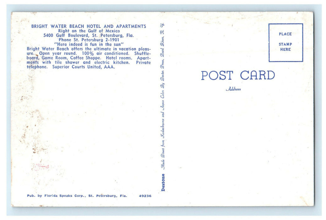 c1960s Bright Water Beach Hotel and Apartments St Petersburg Florida FL Postcard