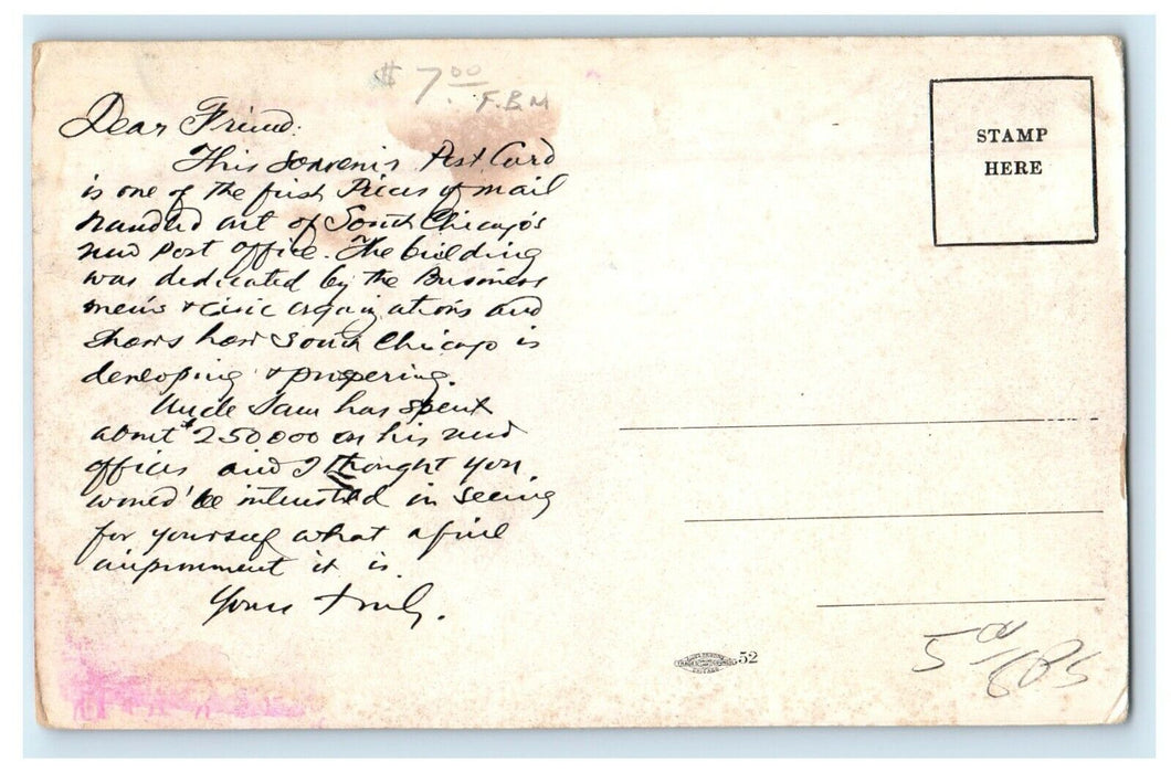 c1905 New United States Post Office South Chicago Illinois IL Antique Postcard
