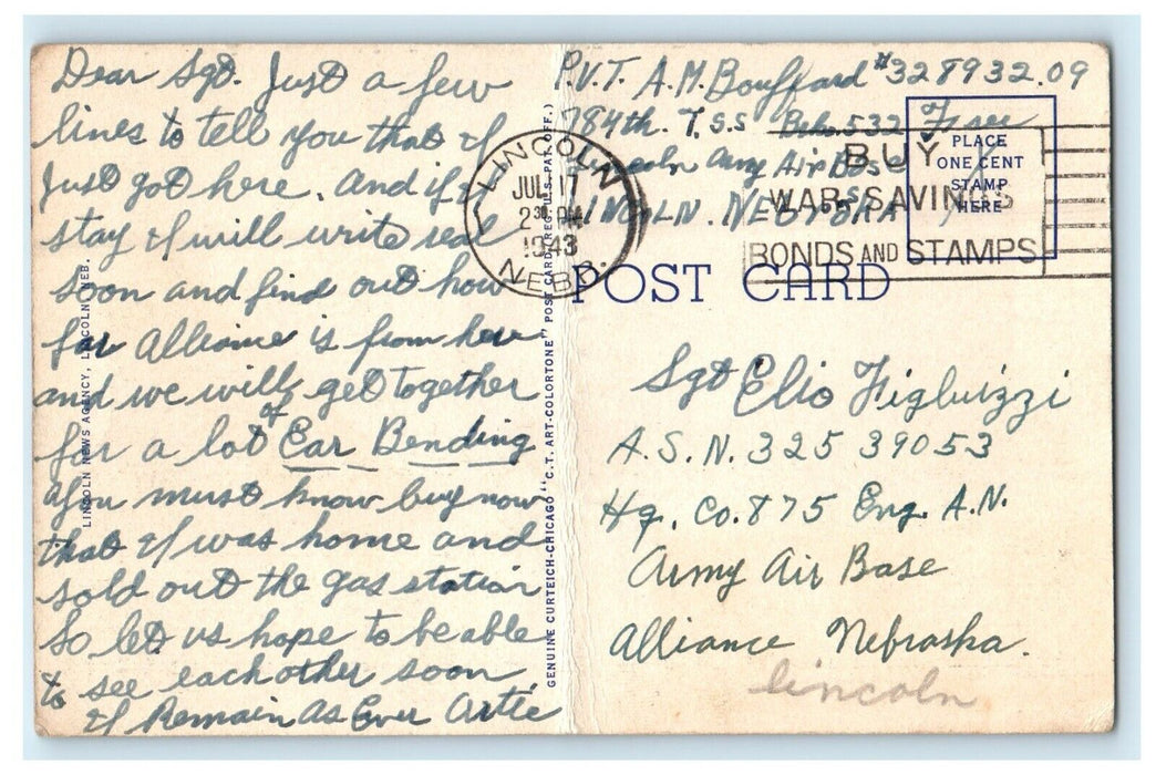 1943 U.S Veterans Hospital Lincoln Nebraska NE, WW2 Soldier Mail Postcard