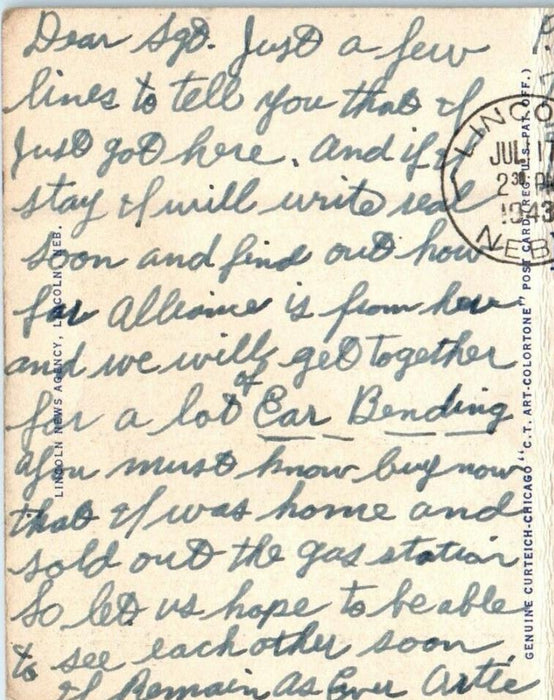 1943 U.S Veterans Hospital Lincoln Nebraska NE, WW2 Soldier Mail Postcard