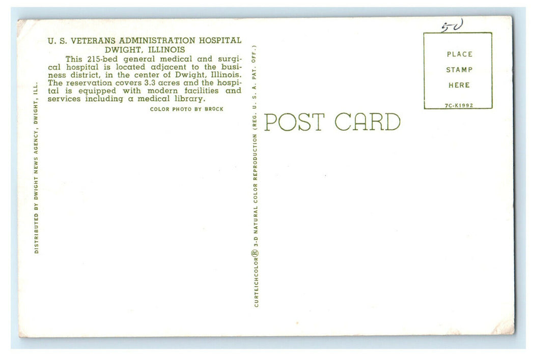 c1950s US Veterans Administration Hospital Dwight Illinois IL Unposted Postcard