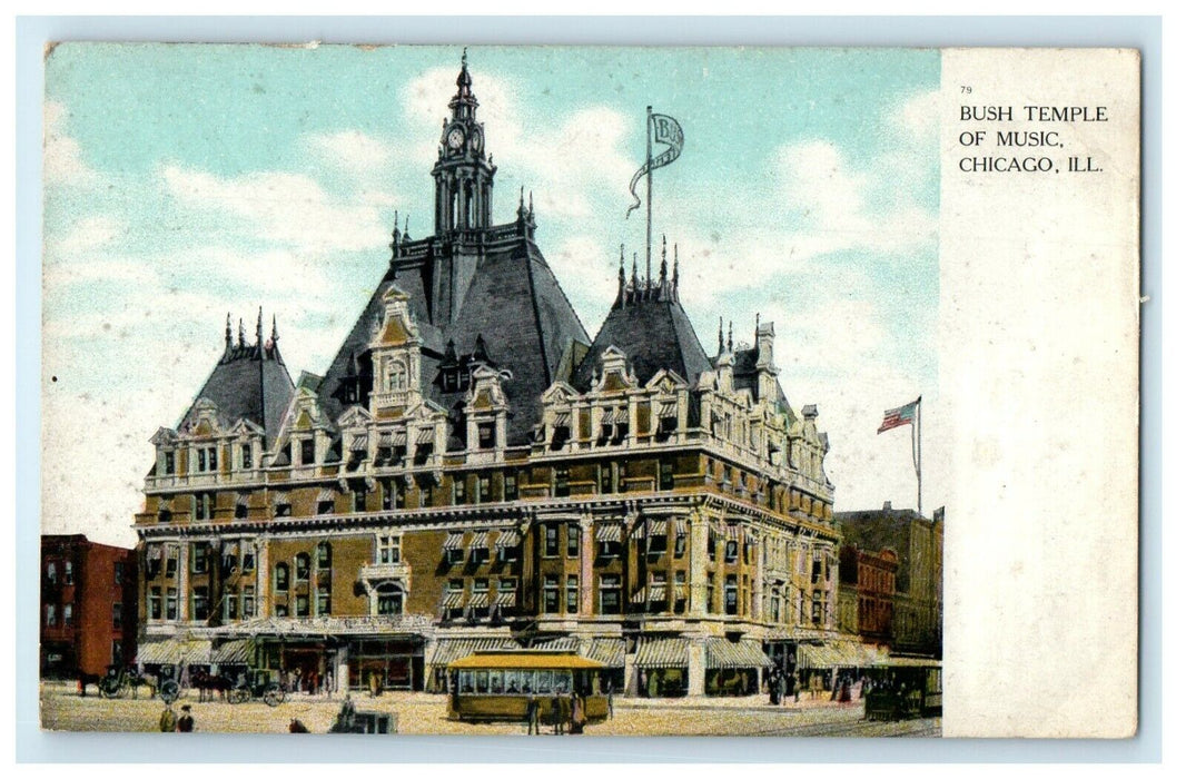 c1910's Bush Temple Of Music Street View Trolley Chicago Illinois IL Postcard