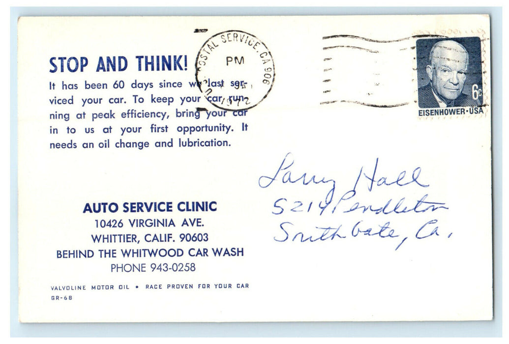 1972 Auto Service Clinic Virginia Avenue Whittier California CA Postcard