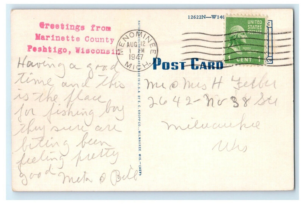 1947 Greetings From Marinette County Peshtigo Wisconsin WI Cow View Postcard