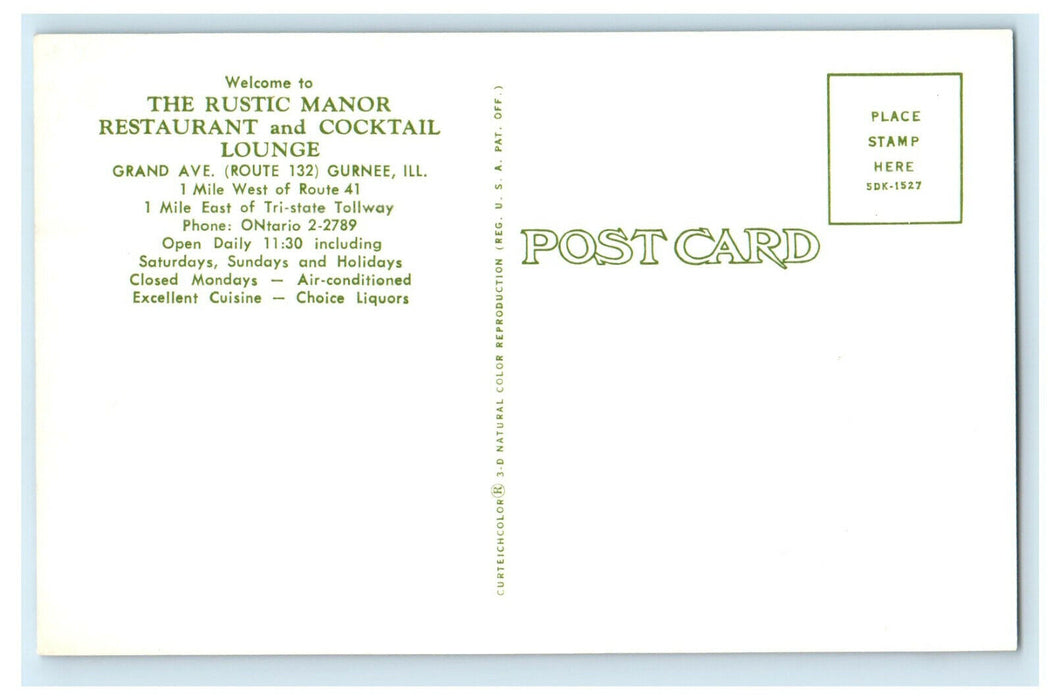 c1960s Welcome to The Rustic Manor Restaurant Gurnee Illinois IL Postcard