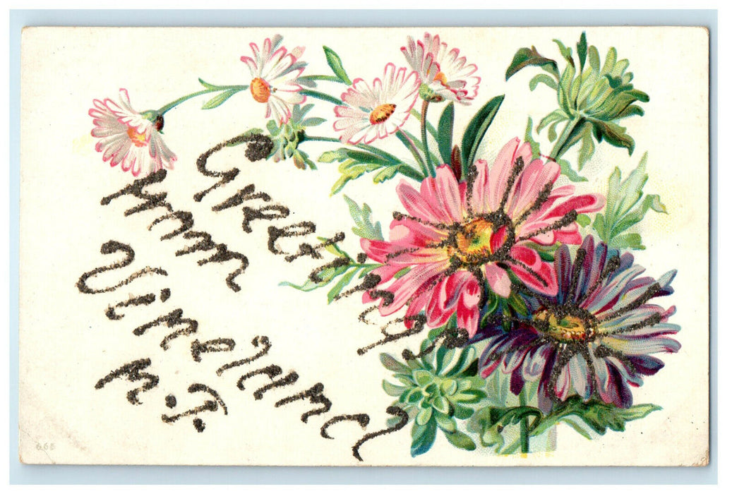 c1910s Greetings from Vineland New Jersey NJ Floral Antique Glittered Postcard