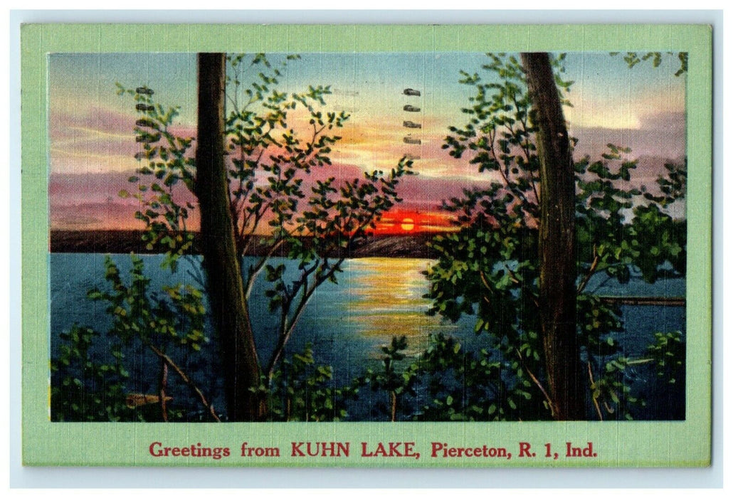 1956 Greetings From Kuhn Lake Pierceton Indiana IN, Lake Moon View Postcard