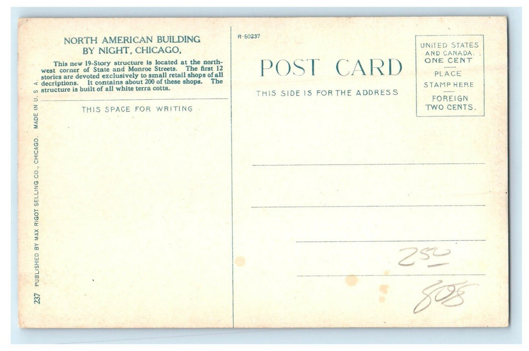 c1910's North American Building By Night Moon Scene Chicago Illinois IL Postcard