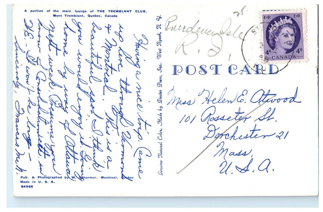c1960 Main Lounge of The Tremblant Club Quebec Montreal Canada CA Postcard