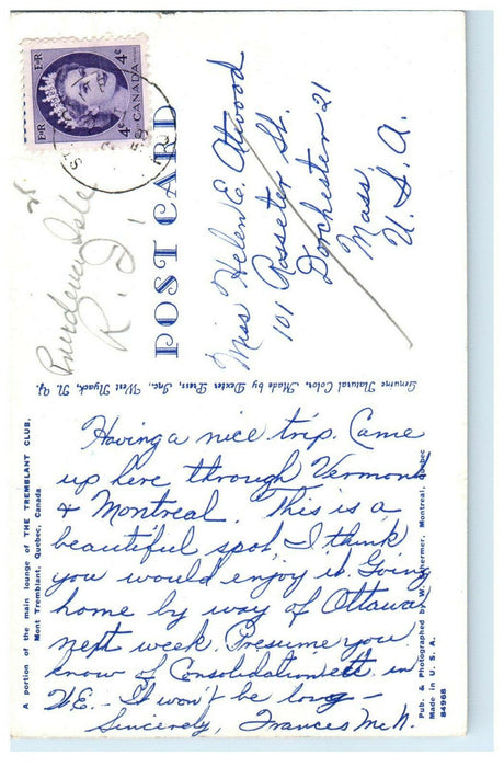 c1960 Main Lounge of The Tremblant Club Quebec Montreal Canada CA Postcard