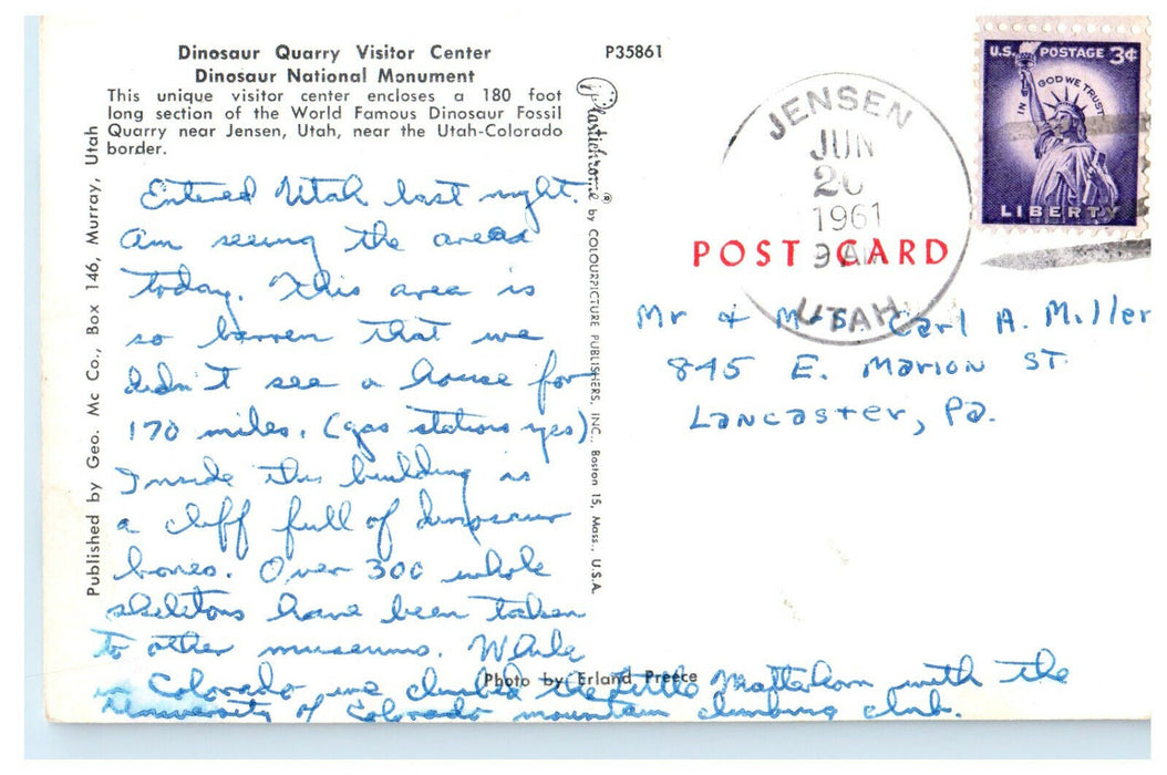 1961 Dinosaur National Monument Quarry Visitor Center Jensen, Utah UT Postcard