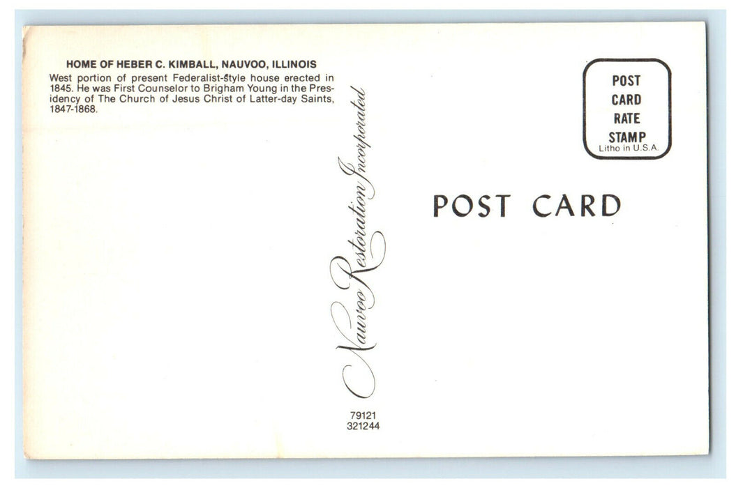 c1960s Home of Heber C Kimball, Nauvoo, Illinois IL Unposted Postcard