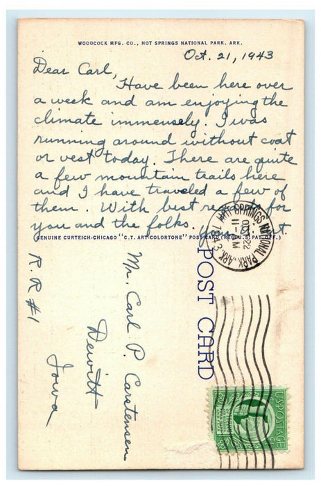 1943 Eastman Hotel And Baths Hot Spring National Park Arkansas AR Postcard
