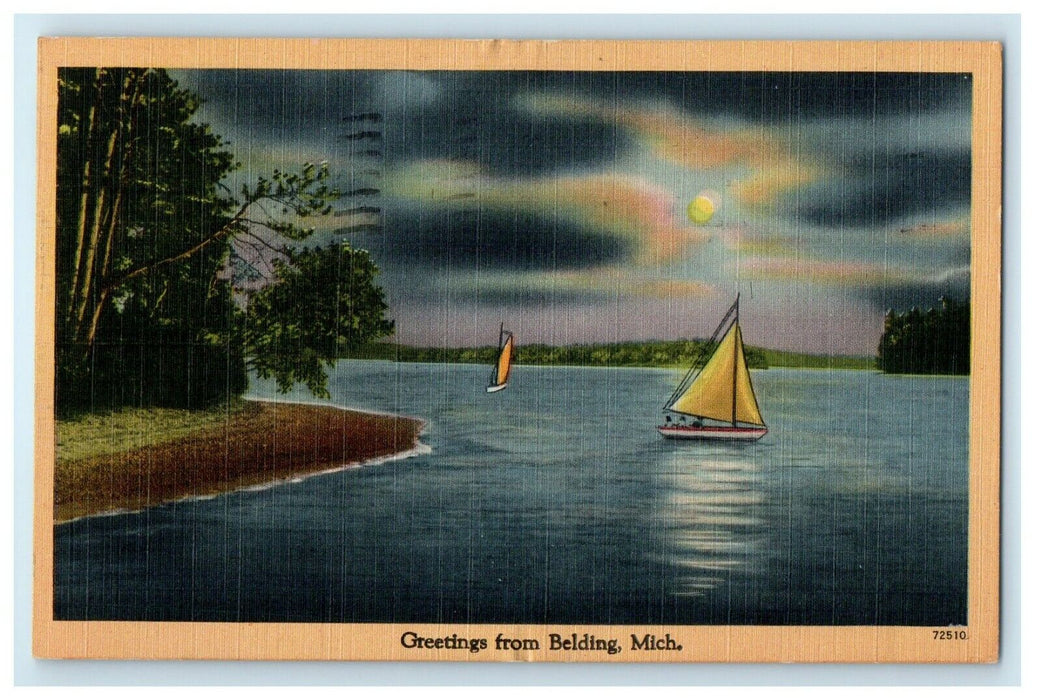 1951 Greetings From Belding Michigan MI Sailboat Moon View Postcard