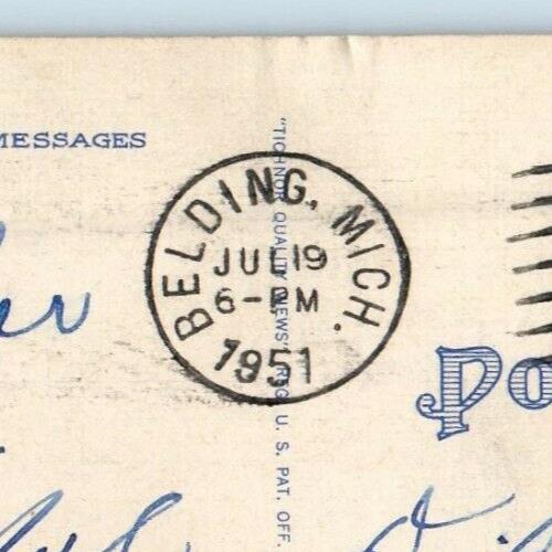 1951 Greetings From Belding Michigan MI Sailboat Moon View Postcard