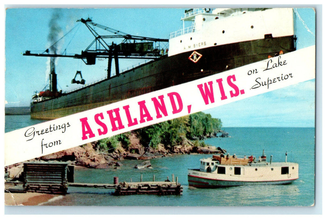 1956 On Lake Superior View, Greetings from Ashland Wisconsin WI Postcard