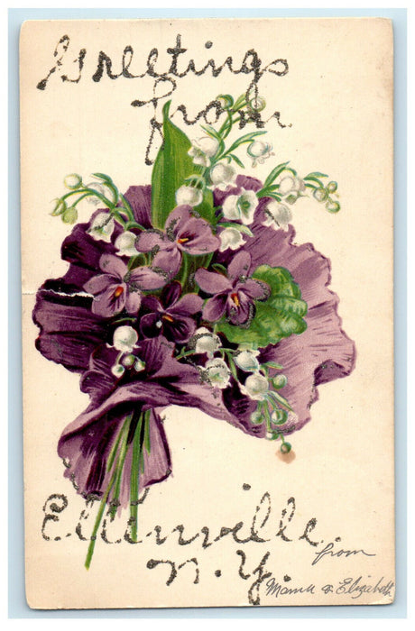 c1910s Greetings from Ellenville, New York NY Floral Antique Glittered Postcard