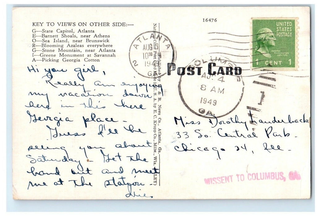 1949 Greetings From Columbia Georgia GA, Cherokee Rose State Flower Postcard