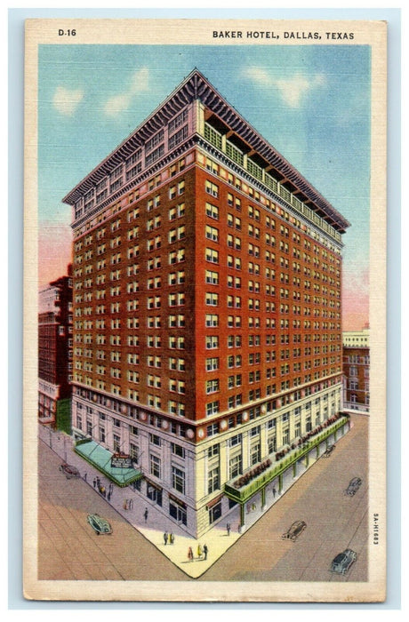c1940's Baker Hotel Building Cars View Dallas Texas TX Vintage Postcard