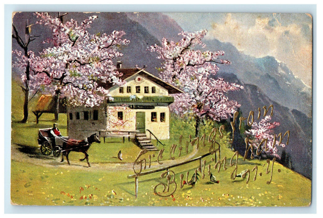 1908 Trees and Carriage Scene, Greetings from Burlingham New York NY Postcard