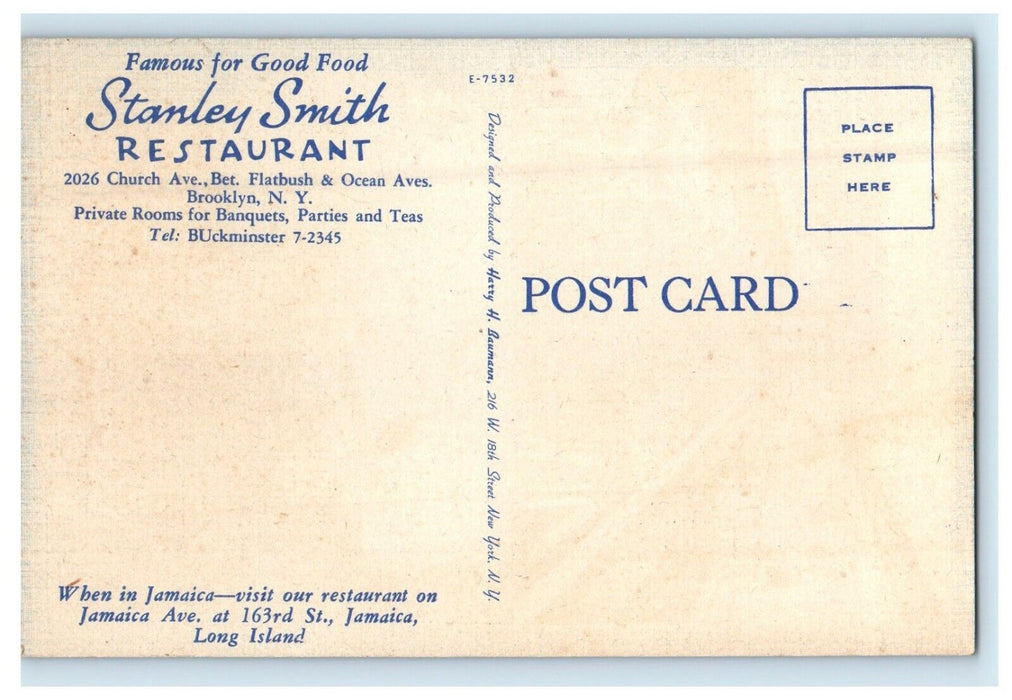 c1940's Stanley Smith Restaurant Interior View Brooklyn New York NY Postcard