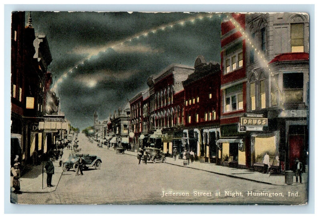 c1910's View Of Jefferson Street At Night Huntington Indiana IN Antique Postcard