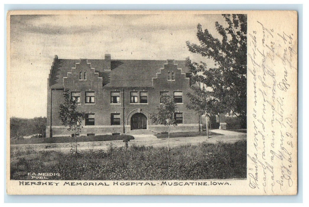 1907 Hershey Memorial Hospital Muscatine Iowa IA, F.A Neidig Antique Postcard
