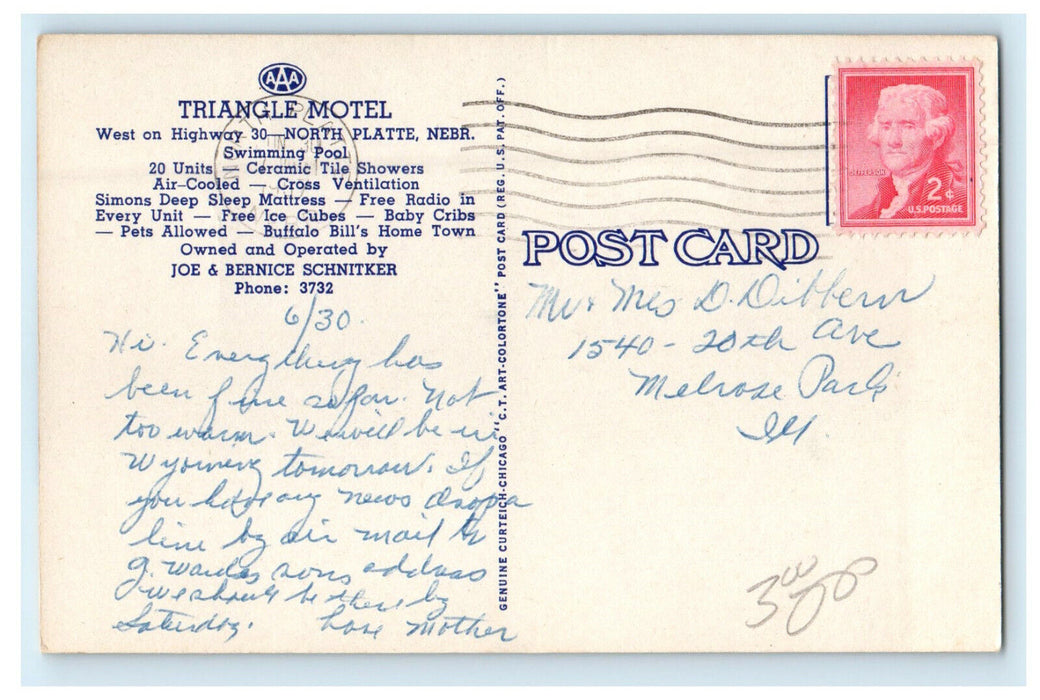 1930 Triangle Motel North Platte West Highway 30 Nebraska NE Postcard