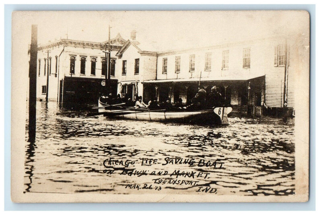 Flood Chicago Life Saving Boat Bdwy And Market Logansport IN RPPC Photo Postcard