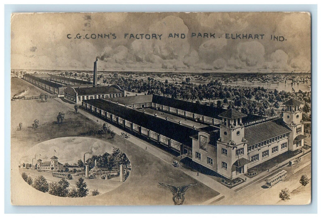 View Of C.G. Conn's Factory And Park Elkhart Indiana IN RPPC Photo Postcard