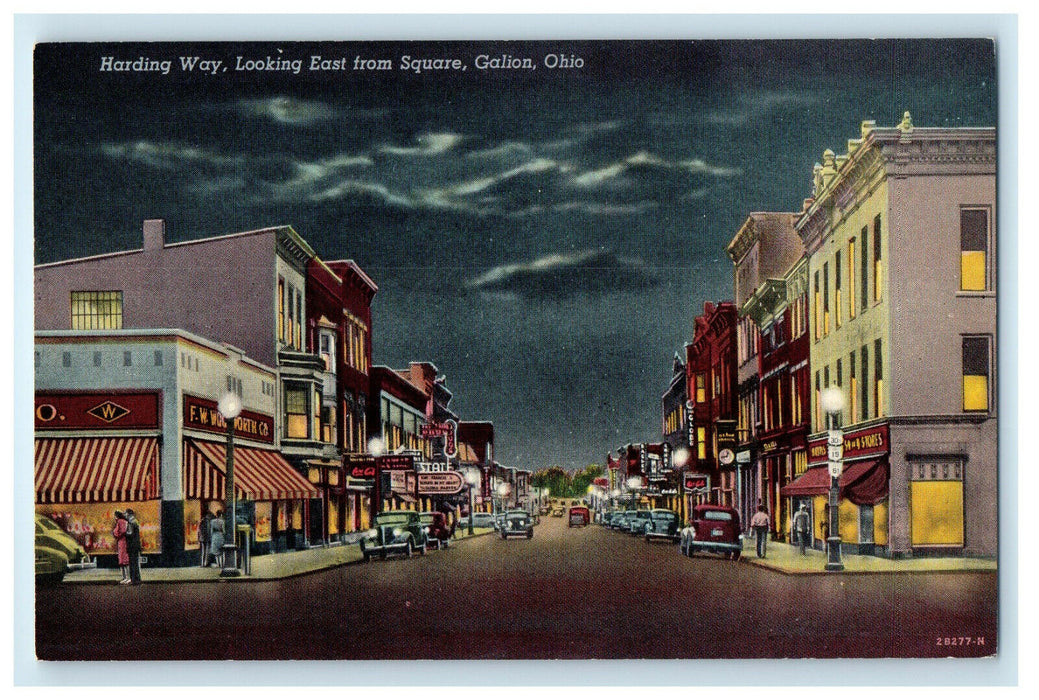 1952 Night View Harding Way Looking East from Square Galion Ohio OH Postcard