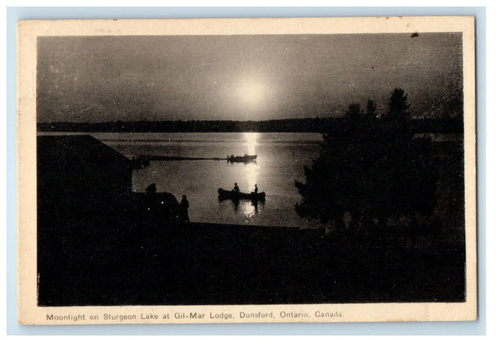 1949 Moonlight On Sturgeon at Gil-Mar Lodge Dunsford Canada Postcard