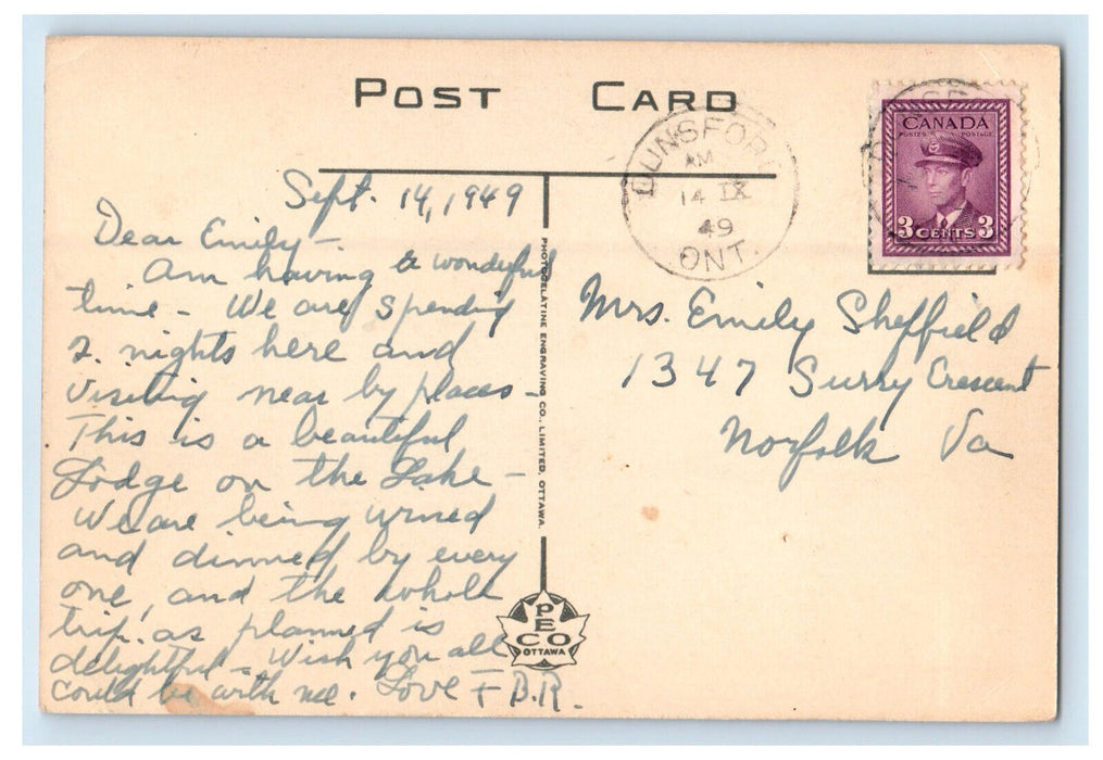 1949 Moonlight On Sturgeon at Gil-Mar Lodge Dunsford Canada Postcard
