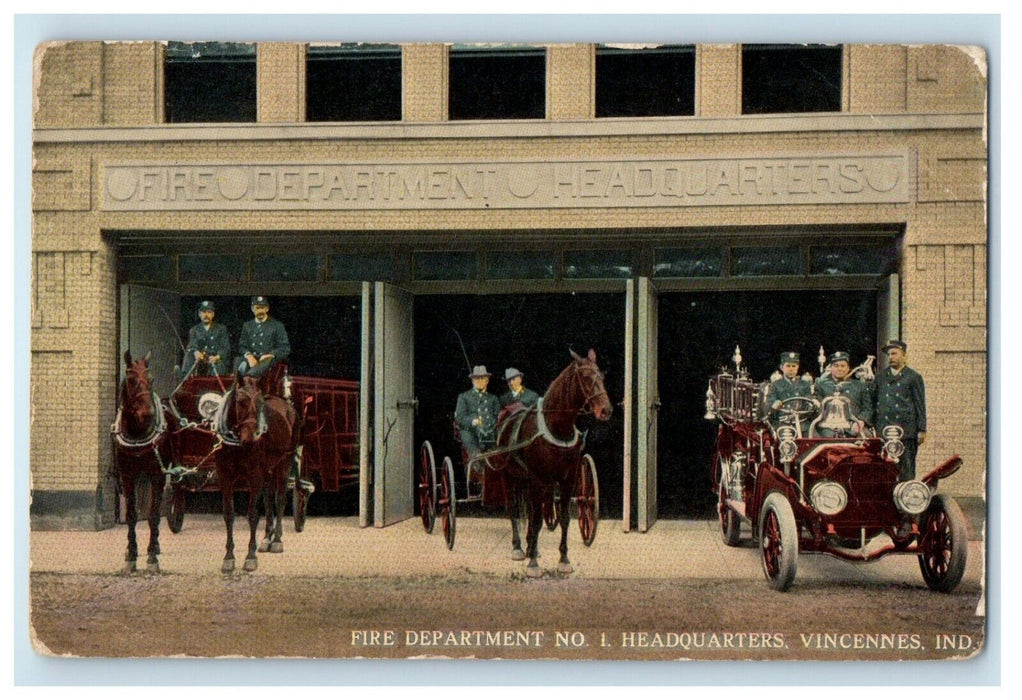 c1910's Fire Department No. 1 Headquarters Vincennes Indiana IN Antique Postcard