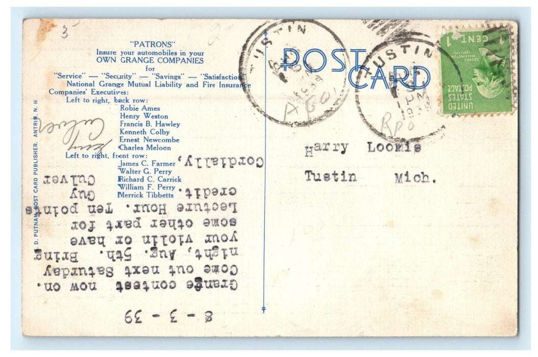 1939 National Grange Mutual Liability Keene NH Tustin MI Advertising Postcard
